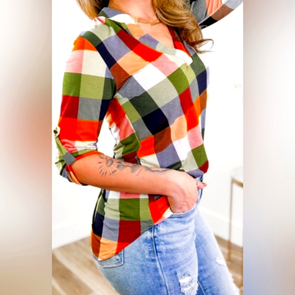 Heimish USA 3/4 Sleeve Plaid Top Large